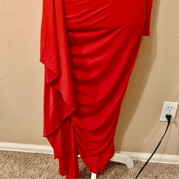 NEW Sexy Bodycon Dress Small Red Maxi Spandex Stretch One Sleeve Ruffled NWOT - Picture 12 of 14
